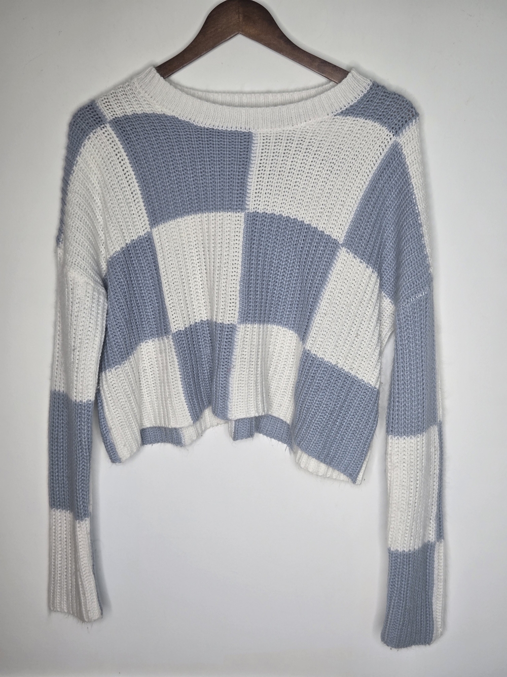 Moon & Madison Blue White Checkered Block Oversized Cropped Knit Sweater Size S